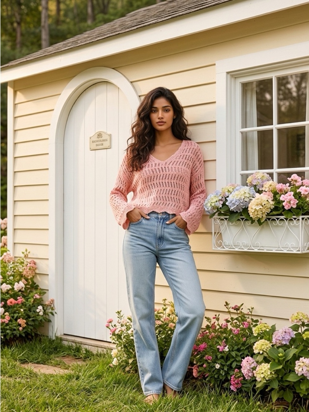 American Eagle Outfitters Open-Knit V-Neck Sweater - Pink